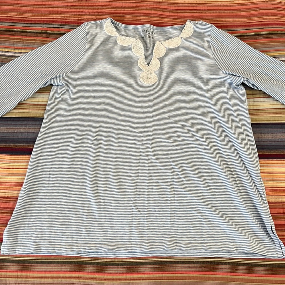 Women’s Talbots Tunic Striped Shirt W/Beading, blue & white size large petite